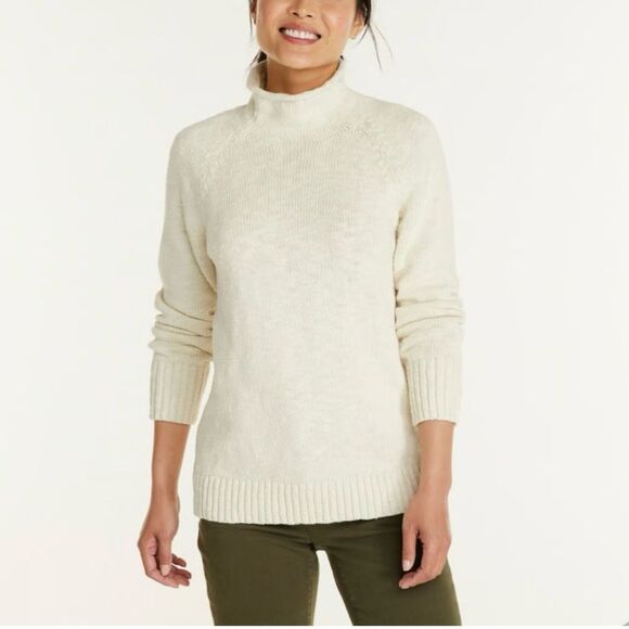 L.L. Bean Cotton Rolled Funnel Mock Neck Ragg Sweater Slub Knit Cream Medium - Picture 14 of 14